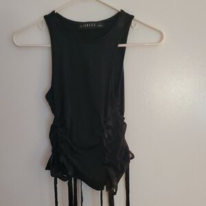 Lioness Designer Brand Black Ruched Tank Top With Ribbon Ties In Front And Back